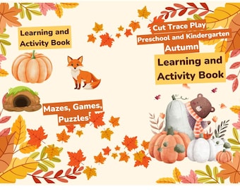 Puede incluir: Imagen de un libro de actividades y aprendizaje con temática otoñal para preescolar y jardín de infancia. La imagen presenta calabazas, un zorro, un oso y hojas de otoño. El texto incluye "Learning and Activity Book", "Mazes, Games, Puzzles" y "Cut Trace Play".
