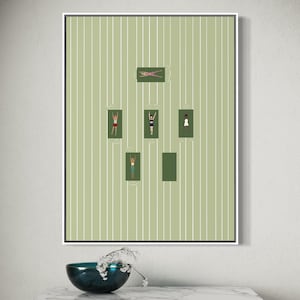 Puede incluir: Una impresión artística enmarcada con una ilustración minimalista de personas en esterillas de yoga. El fondo tiene rayas blancas verticales sobre un campo verde claro. Las personas están en varias posturas de yoga, con un borde verde oscuro.