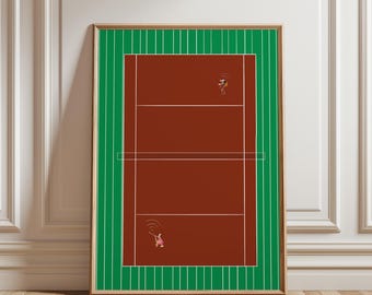 Minimal Tennis Court Art Print, Tiny People Illustration (Digital Download)