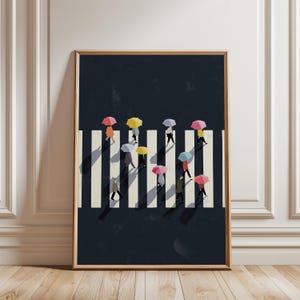 Impresión artística de un cruce peatonal en un día lluvioso con gente pequeña caminando, paisaje urbano minimalista (descarga digital)