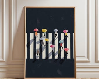 Rainy Day Crosswalk Tiny People Walking Art Print, Minimalist Cityscape (Digital Download)