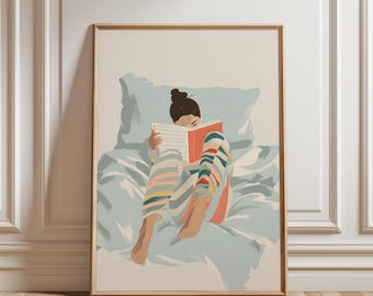 Stampa di donna che legge a letto, arredamento moderno per la casa (download digitale)