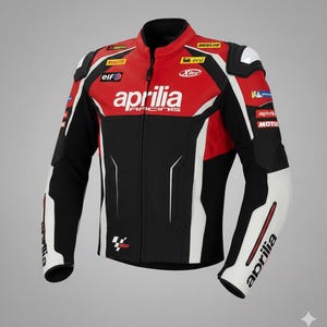 Może przedstawiać: Czarno-czerwono-biała kurtka wyścigowa Aprilia z zapięciem na zamek błyskawiczny. Kurtka posiada logo Aprilia, loga sponsorów i białe akcenty na rękawach. Ma czarne ochraniacze na ramionach i stójkę.