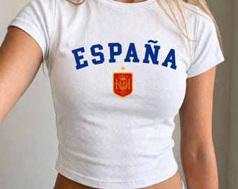 España Baby Tee, Bella Canvas 1010 Tank Top, Spain Soccer Graphic Crop Tee, Euro Summer Outfit, Spanish Aesthetic Shirt