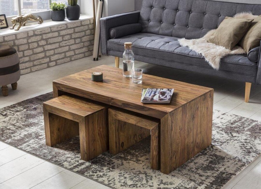 Solid Wood Cube Coffee Table Set of 3 – Modern Nesting Tables for ...