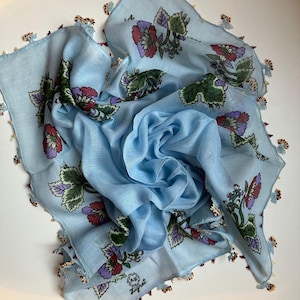 Vintage Scarf, 1980s Baby Blue Cotton Scarf, Handmade Needle Lace Oya