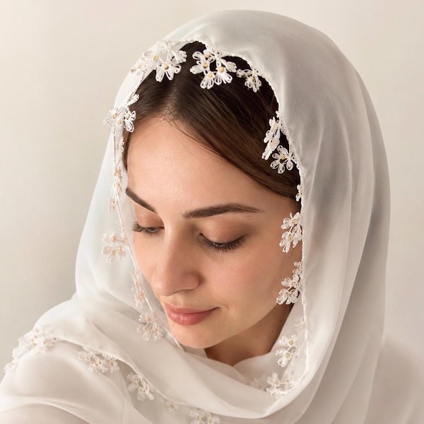 White Daisy Turkish Oya Scarf, Handmade Needle Lace Chiffon Headscarf