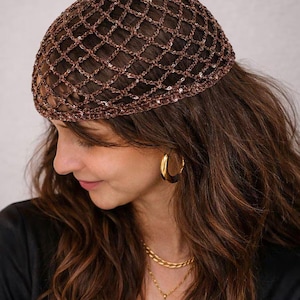 Brown Sequin Crochet Mesh Beanie, Sparkling Fishnet Hat for Women, Shimmering Handmade Mesh Beret, Glam Boho Party Hat