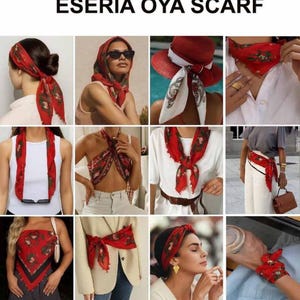 May include: A collage showcasing various ways to style an ESERIA Oya scarf. The red scarf features a floral design and is shown worn as a headscarf, top, belt, and wrist accessory. The image includes the brand's logo and text: "HOW TO USE AN ESERIA OYA SCARF."