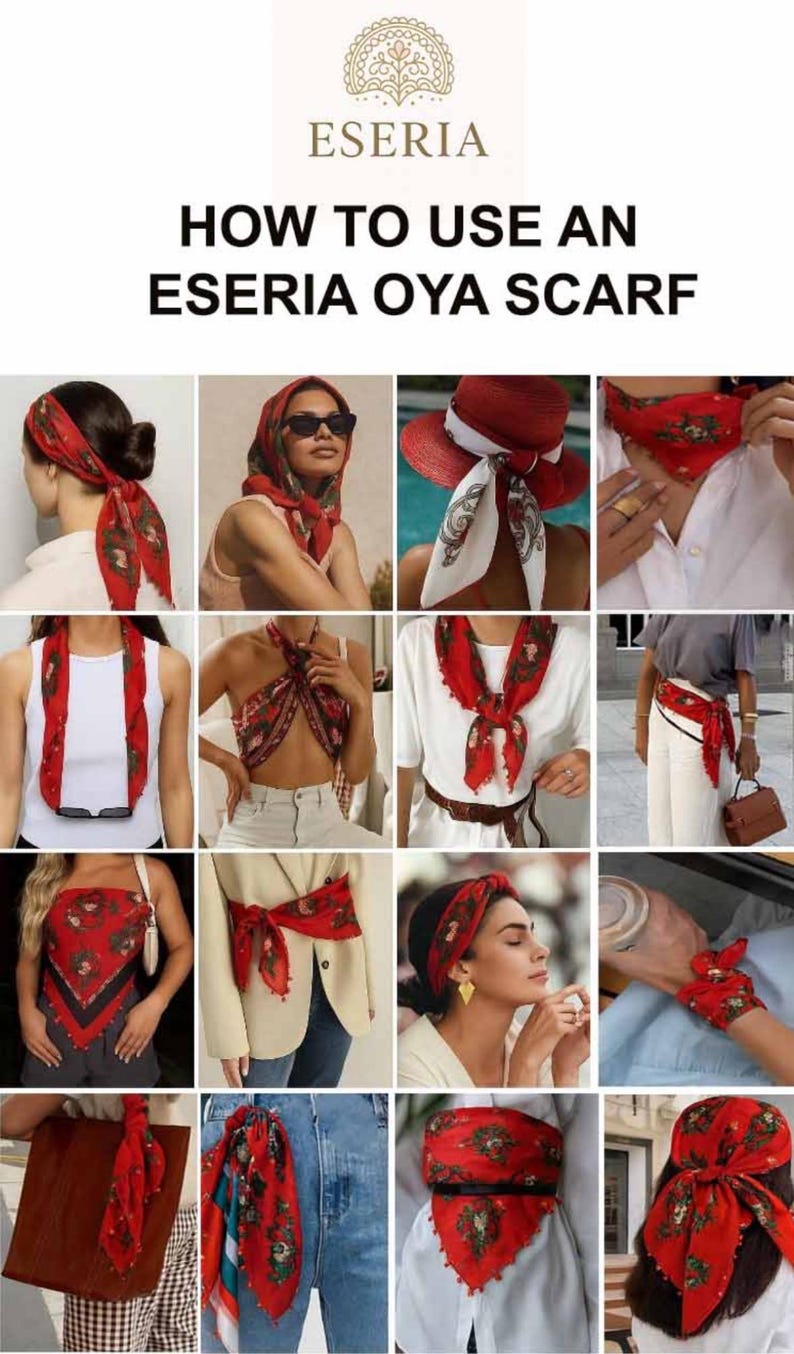 May include: A collage showcasing various ways to style an ESERIA Oya scarf. The red scarf features a floral design and is shown worn as a headscarf, top, belt, and wrist accessory. The image includes the brand's logo and text: "HOW TO USE AN ESERIA OYA SCARF."