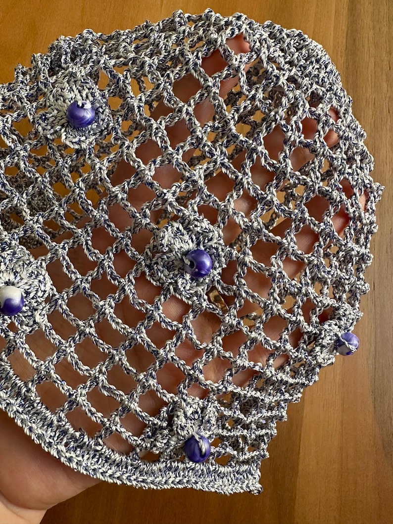 Handmade Silver Metallic Crochet Beanie, Mesh Beaded Skullcap With ...