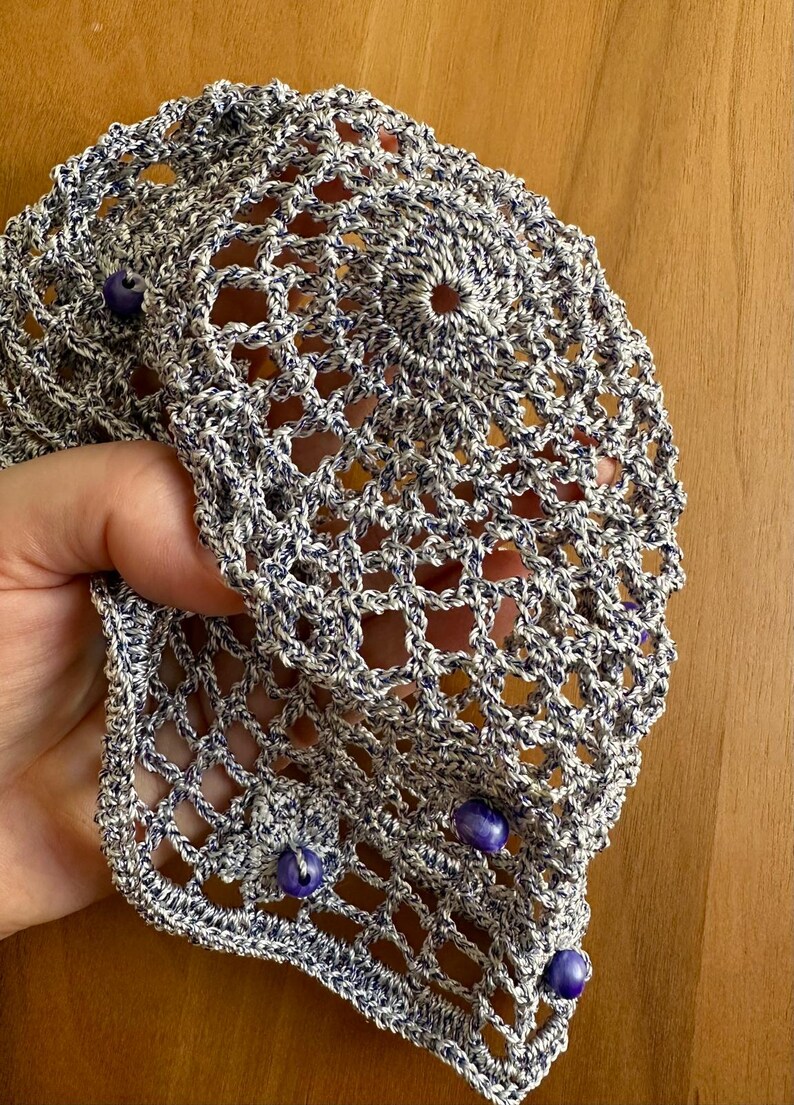 Handmade Silver Metallic Crochet Beanie, Mesh Beaded Skullcap With ...