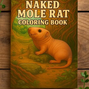 May include: A coloring book titled "Naked Mole Rat Coloring Book" features an illustration of a naked mole rat in a forest setting. The cover has a tan background with the title in large, bold, yellow letters. The image is on a wooden surface.