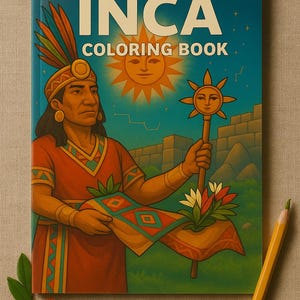 May include: A coloring book titled "INCA COLORING BOOK" features an illustration of an Inca person holding a staff and a patterned textile. The cover art is set against a blue sky with a sun and a backdrop of ancient architecture. A yellow pencil and decorative elements are placed around the book.