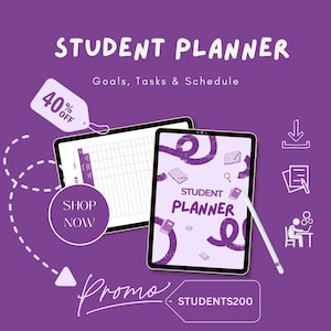 以下が含まれることがあります： 学生向けプランナーを宣伝する紫色のグラフィック。テキストは「STUDENT PLANNER Goals, Tasks & Schedule」と表示されています。タブレットにはプランナーのインターフェースが表示されています。「40% OFF」とプロモーションコード「STUDENTS200」が表示されています。