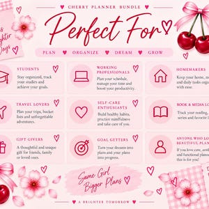 May include: A light pink digital planner advertisement featuring cherry illustrations, a pink ribbon, and cherry blossom graphics. The text includes Cherry Planner Bundle, Perfect For, Plan, Organize, Dream, Grow, and Same Girl Bigger Plans.