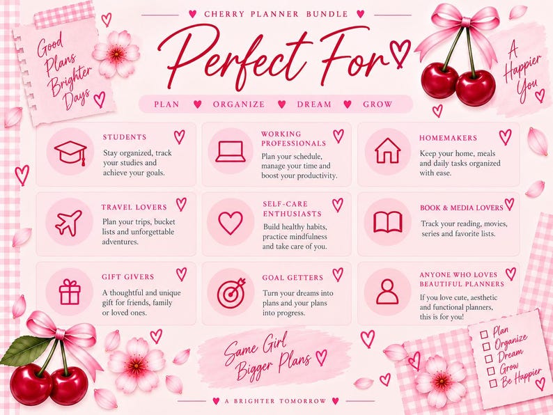 May include: A light pink digital planner advertisement featuring cherry illustrations, a pink ribbon, and cherry blossom graphics. The text includes Cherry Planner Bundle, Perfect For, Plan, Organize, Dream, Grow, and Same Girl Bigger Plans.