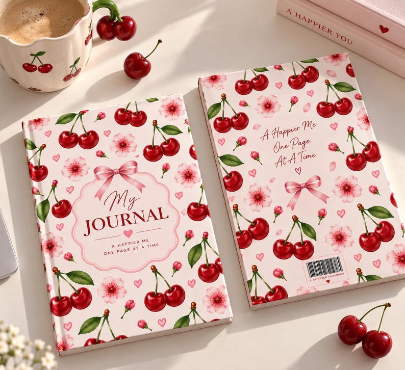 May include: Two journals with a light pink cover featuring a pattern of red cherries, pink cherry blossoms, and small hearts. The left journal displays the text My Journal A Happier Me One Page At A Time. The right journal displays A Happier Me One Page At A Time.