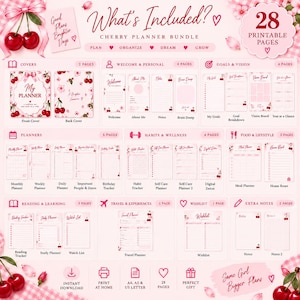 May include: A digital cherry-themed planner bundle featuring 28 printable pages. The layout includes sections for covers, goals, habits, wellness, food, lifestyle, reading, travel, and notes, all decorated with pink cherry and floral illustrations.