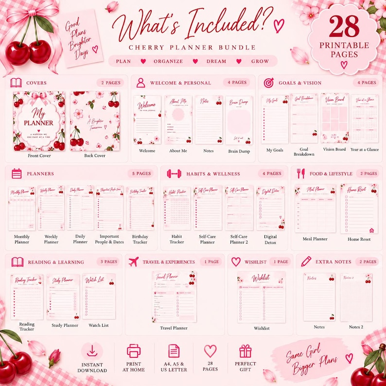 May include: A digital cherry-themed planner bundle featuring 28 printable pages. The layout includes sections for covers, goals, habits, wellness, food, lifestyle, reading, travel, and notes, all decorated with pink cherry and floral illustrations.