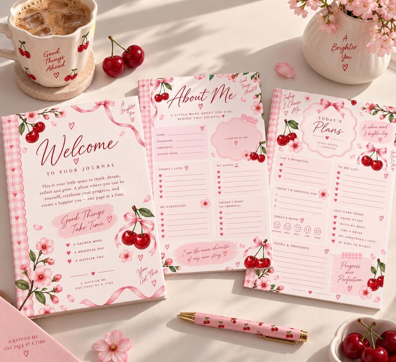 May include: Three journals with a light pink theme featuring cherry and cherry blossom illustrations. The covers and pages display text including Welcome To Your Journal, About Me, and Today's Plans, accompanied by pink ribbons and hearts.
