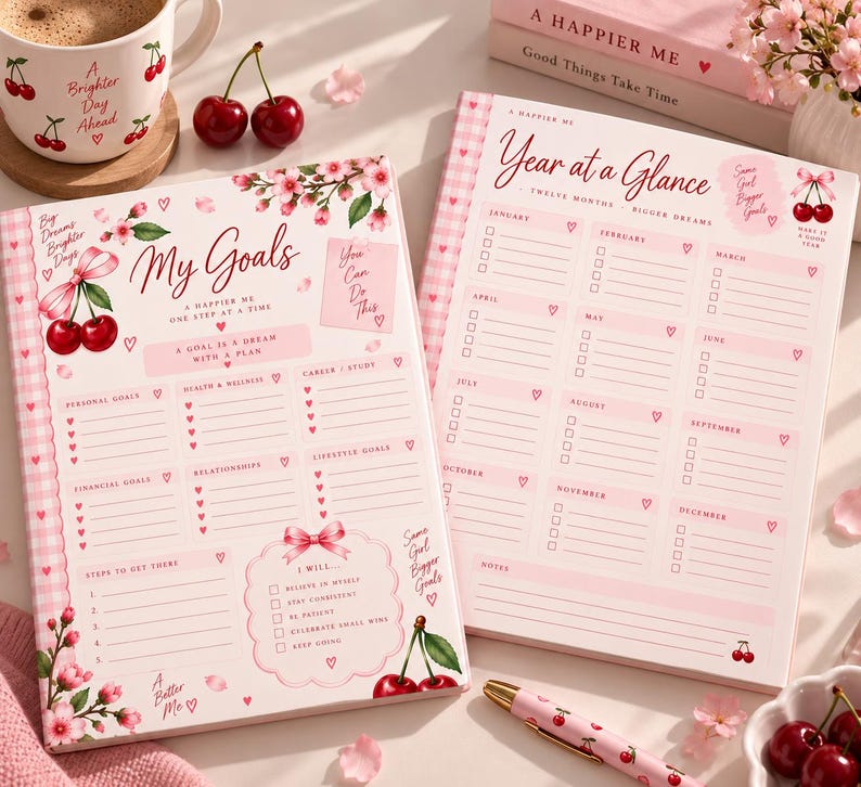 May include: Two pink and white planners with cherry and floral illustrations. The left planner is titled My Goals and the right planner is titled Year at a Glance. Both feature checkboxes, heart icons, and motivational text like You Can Do This.