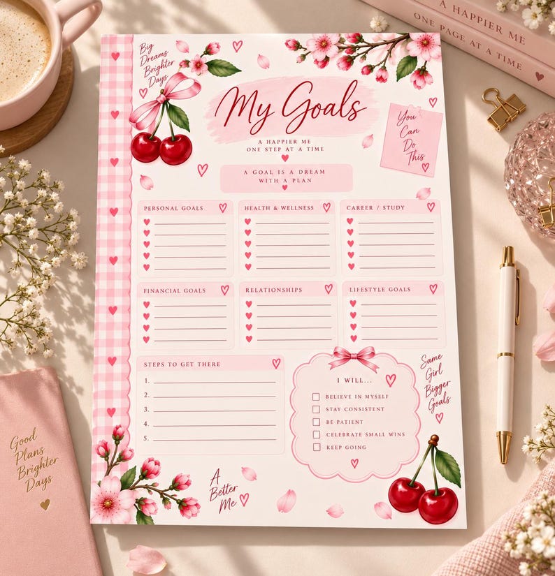 May include: A goal-setting planner sheet featuring a pink gingham border, cherry illustrations, and cherry blossom accents. The text includes My Goals, A Happier Me, Personal Goals, Health & Wellness, Career/Study, Financial Goals, Relationships, Lifestyle Goals, Steps to Get There, and I Will with checkboxes for daily affirmations.