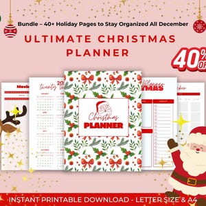 May include: A digital Christmas planner bundle featuring over 40 holiday pages. The cover displays a pattern of red bows, green pine branches, and holly berries with a central Santa illustration and the text Ultimate Christmas Planner.