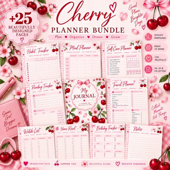 Cherry Planner Bundle, Printable Digital Planner, Self-Care Journal, Goal Planner (Digital Download)
