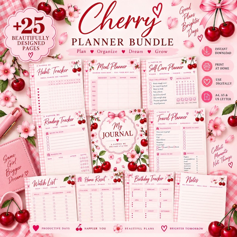 May include: A digital cherry-themed planner bundle featuring various templates including a habit tracker, meal planner, self-care planner, reading tracker, journal, travel planner, watch list, home reset, birthday tracker, and notes pages.