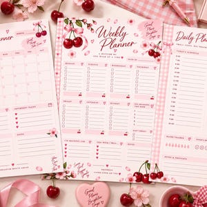 May include: Three pink planner sheets featuring a monthly, weekly, and daily layout. Each page is decorated with cherry and cherry blossom illustrations, pink gingham borders, and text including Monthly Planner, Weekly Planner, and Daily Planner.