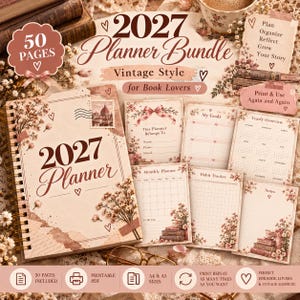 May include: A 2027 planner bundle featuring 50 pages with a vintage aesthetic. The set includes a spiral-bound planner, goal sheets, a yearly overview, a monthly planner, a habit tracker, and note pages, all decorated with floral and book motifs.