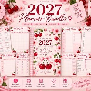 May include: A 2027 planner bundle featuring 30 printable pages with cherry and cherry blossom motifs. The set includes a calendar, monthly, weekly, and daily planners, habit and meal trackers, and reading and travel logs in shades of pink and red.