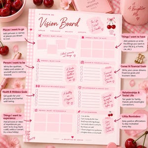 May include: A light pink vision board planner sheet featuring a checkered border and sections for goals, including places to go, things to have, career, health, and relationships. The page includes cherry illustrations and text prompts for personal growth.
