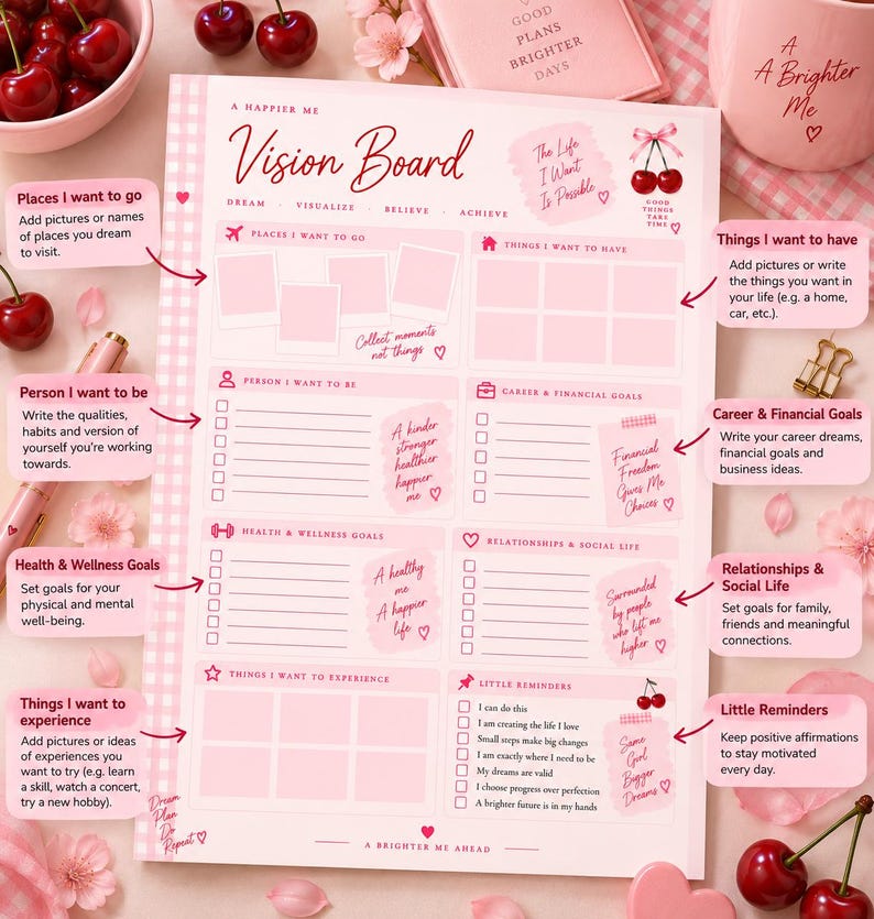 May include: A light pink vision board planner sheet featuring a checkered border and sections for goals, including places to go, things to have, career, health, and relationships. The page includes cherry illustrations and text prompts for personal growth.