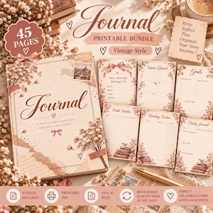 May include: A 45-page printable journal bundle featuring a vintage aesthetic with floral accents. The set includes a main journal cover, vision board, goals, habit tracker, reading tracker, and daily journal pages with text in a soft brown color.