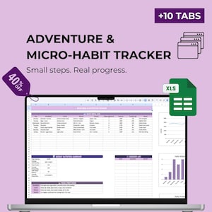 Op de afbeelding: Een laptop toont een spreadsheet met de titel "Adventure & Micro-Habit Tracker". Het scherm toont een dagelijks maaltijd- en voedingslogboek, een wekelijkse voedingssamenvatting en een boodschappenlijst. De afbeelding bevat een 40% korting tag en de tekst "Small steps. Real progress."
