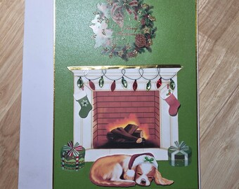 Tarjeta navideña de cachorro durmiendo junto a la chimenea (5x7)
