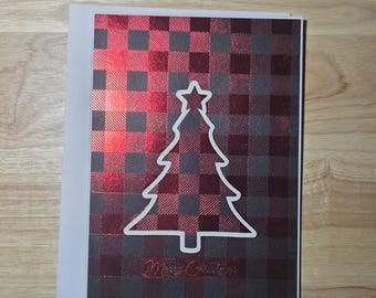 Tarjeta de árbol de Navidad con cuadros de búfalo