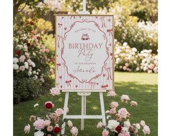 Letrero de bienvenida de cumpleaños de Coquette, decoración de fiesta con lazo rosa (plantilla de Canva imprimible y editable de 16 x 20)