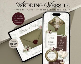 May include: A digital wedding website template displayed on a tablet and smartphone. The design features an olive green envelope with a wax seal, floral accents, and the names "Emily and Shane." Text includes "Wedding Website," "5 Page Template," and "Free Invitation Template Included."