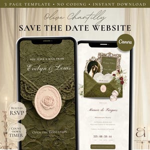 Pode incluir: Um modelo digital de site Save the Date para Canva com duas telas de celular. O design exibe um fundo de renda verde-oliva, um selo de cera de rosa e texto incluindo "Olive Chantilly" e "Save the Date Website".