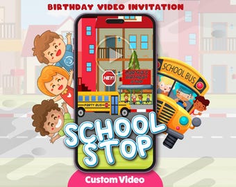 School Stop Video Invitation, Personalized Yellow and Red Kids Invite, APT Custom Evite,
