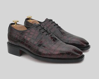 Handcrafted Leather Maroon Oxblood Croc-Embossed Texture Dress Shoes