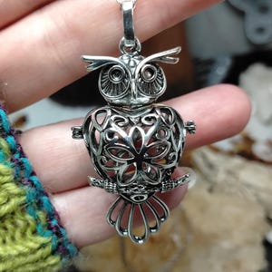 Silver Plated Owl Cage Locket Necklace, Filigree Wisdom Pendant, Forest Bird Jewellery