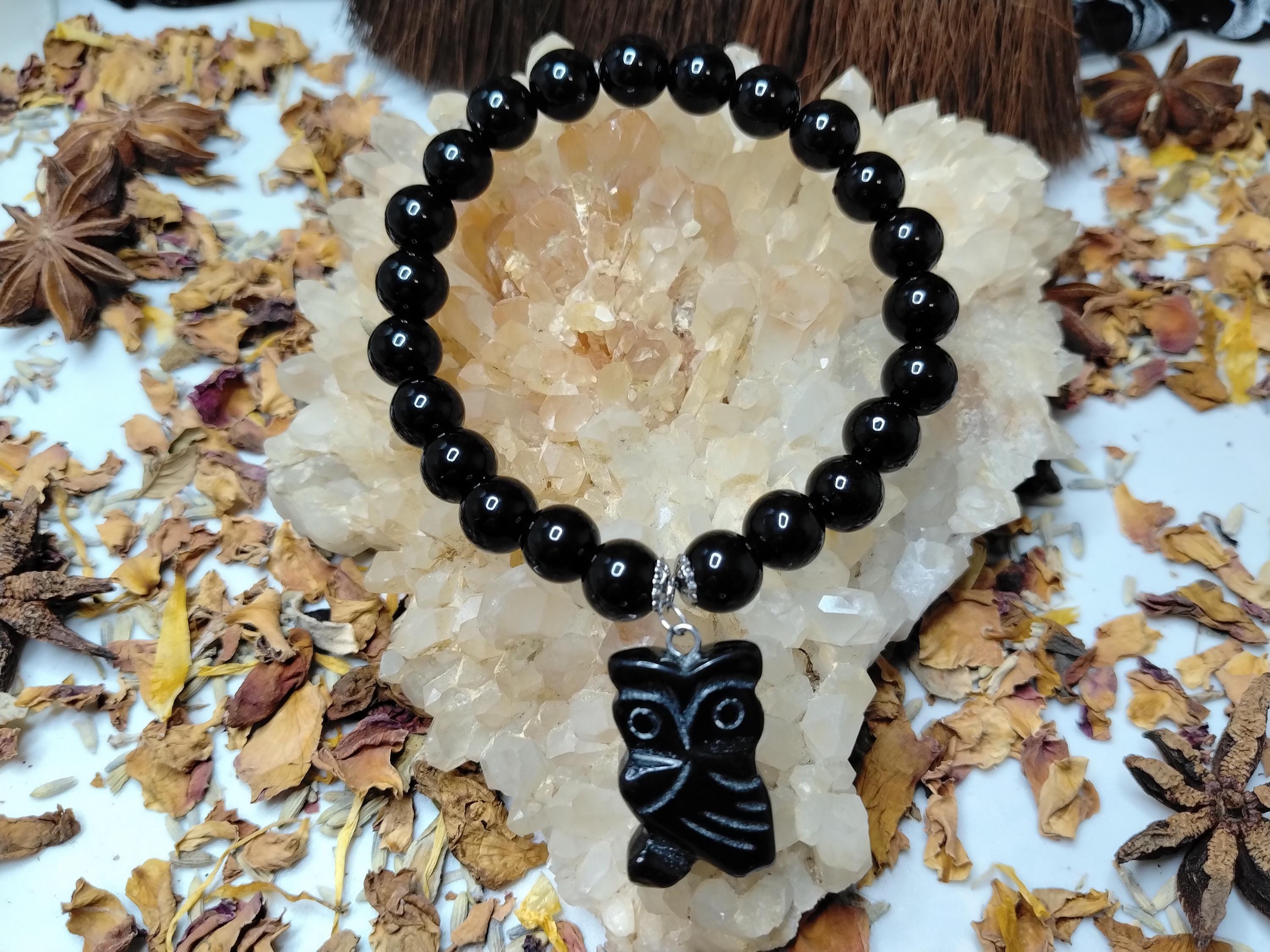 Black Obsidian Owl Bracelet, 8mm, Root Chakra, Wisdom, Psychic Protection & Intuition Grounding,