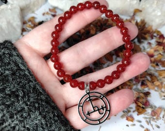 Carnelian Bracelet with Lilith Sigil , 6mm, Dark Goddess, Empowerment & Passion, Witchy Jewellery