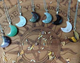 Crystal Moon Necklace, Crescent Moon Pendant, Pick Your Stone, Celestial Gift, Pretty Witchy