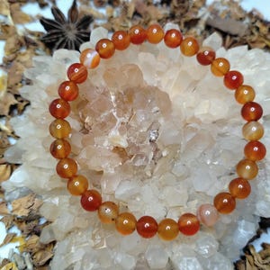 May include: A bracelet made of orange and amber-coloured gemstone beads. The round, polished beads are strung together. The jewellery is displayed on a white crystal formation, surrounded by dried botanicals and star anise.