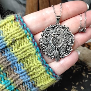 Witch & Broomstick Moon Necklace, Floral Wreath Pendant, Hedgewitch Jewellery, Wiccan Pagan Gift